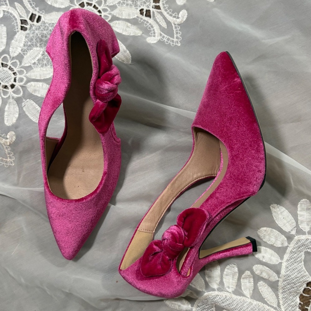 Y2K Style Pink Velvet Bow D'Orsay Pointed Toe Stiletto Pumps Size 39 - Picture 2 of 6